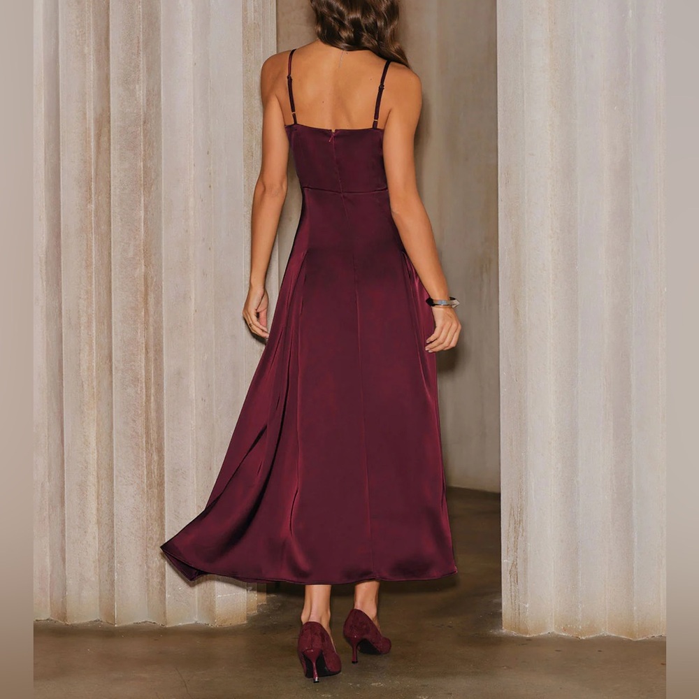 Rihoas Wine Red Satin A-Line Slip Maxi Dress - Picture 5 of 9
